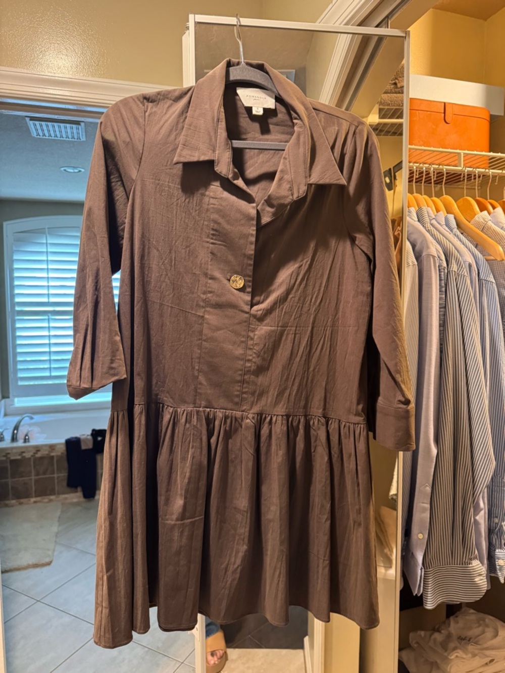 Pomander Place Brown Button-Front Collared Peplum Midi Dress